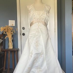 David's Bridal Ivory and Champagne V-Neck Halter Wedding Dress
